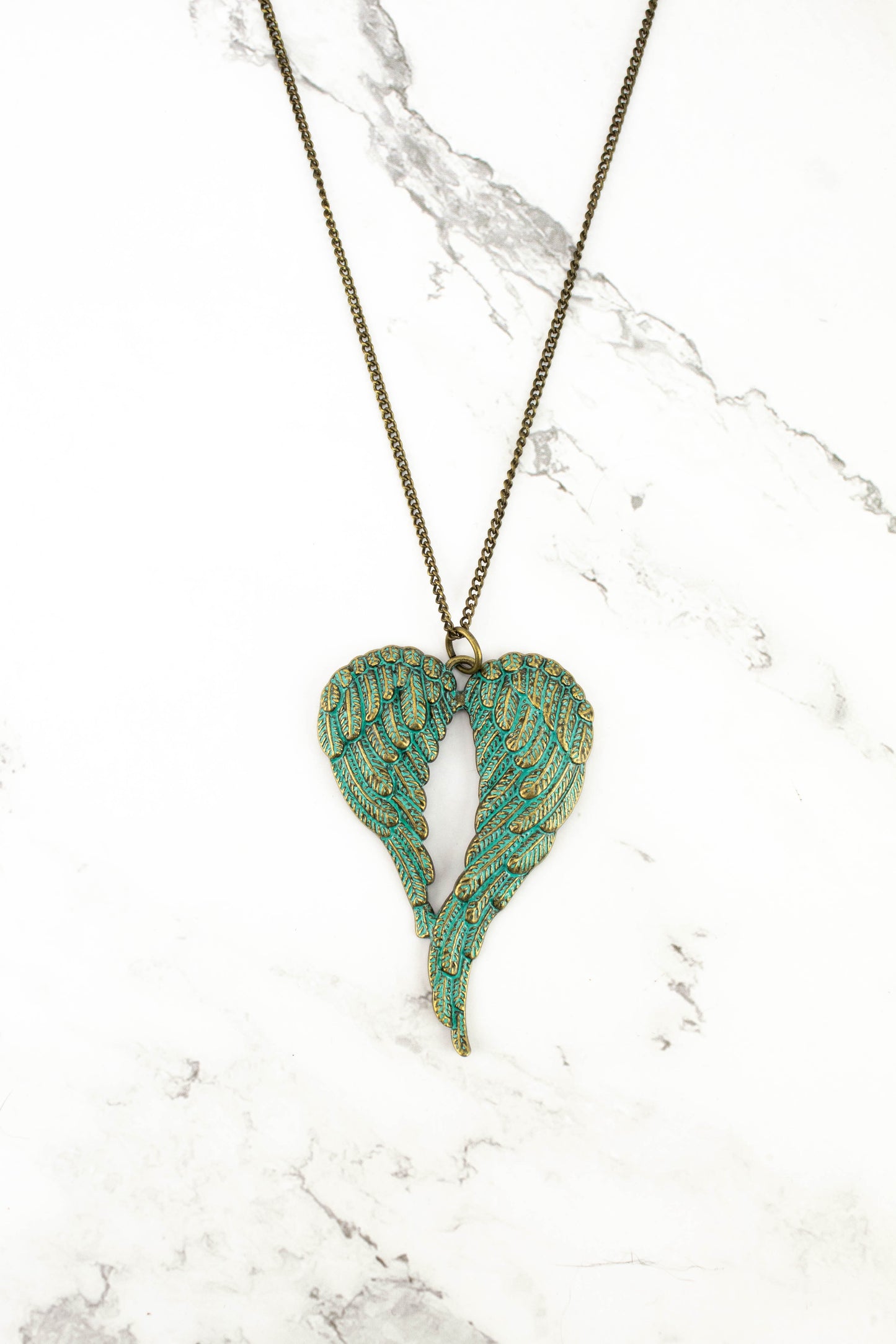 Angel Wings Patina Pendant Long Necklace