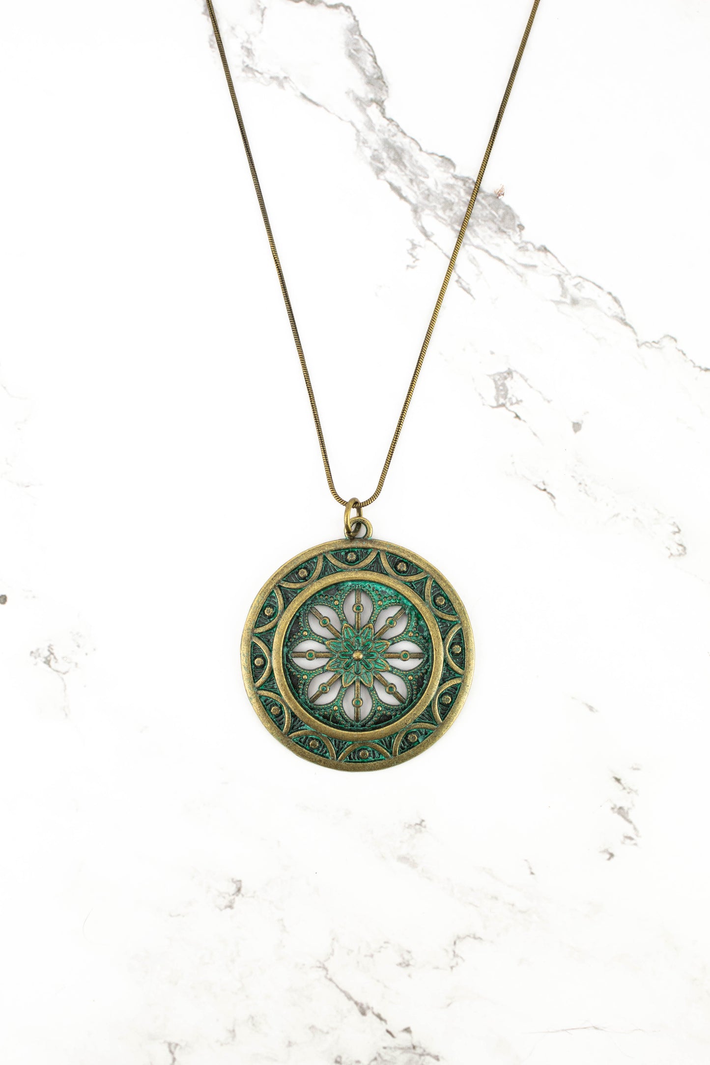 Circular Medallion Patina Pendant Long Necklace