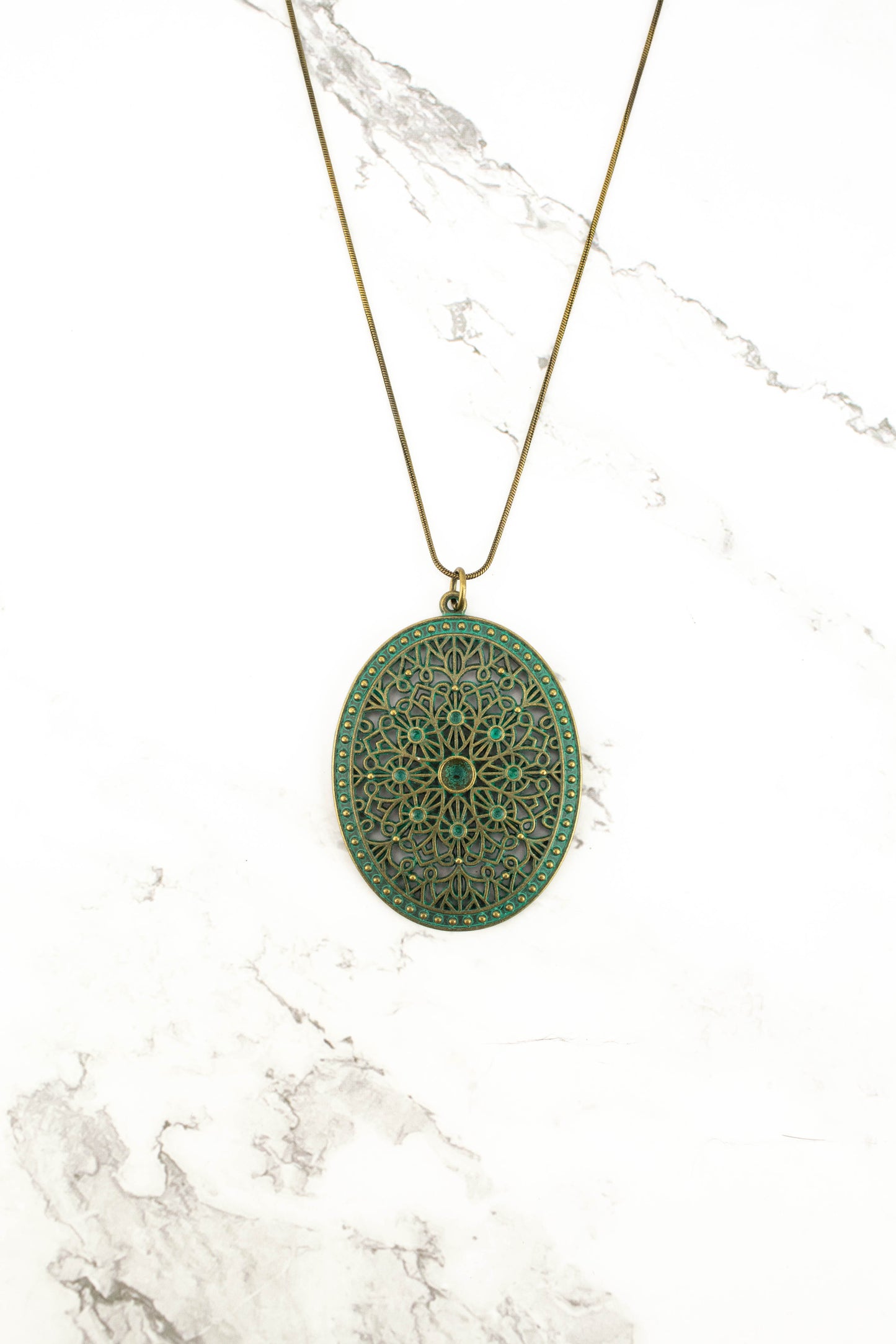 Oval Medallion Patina Pendant Long Necklace