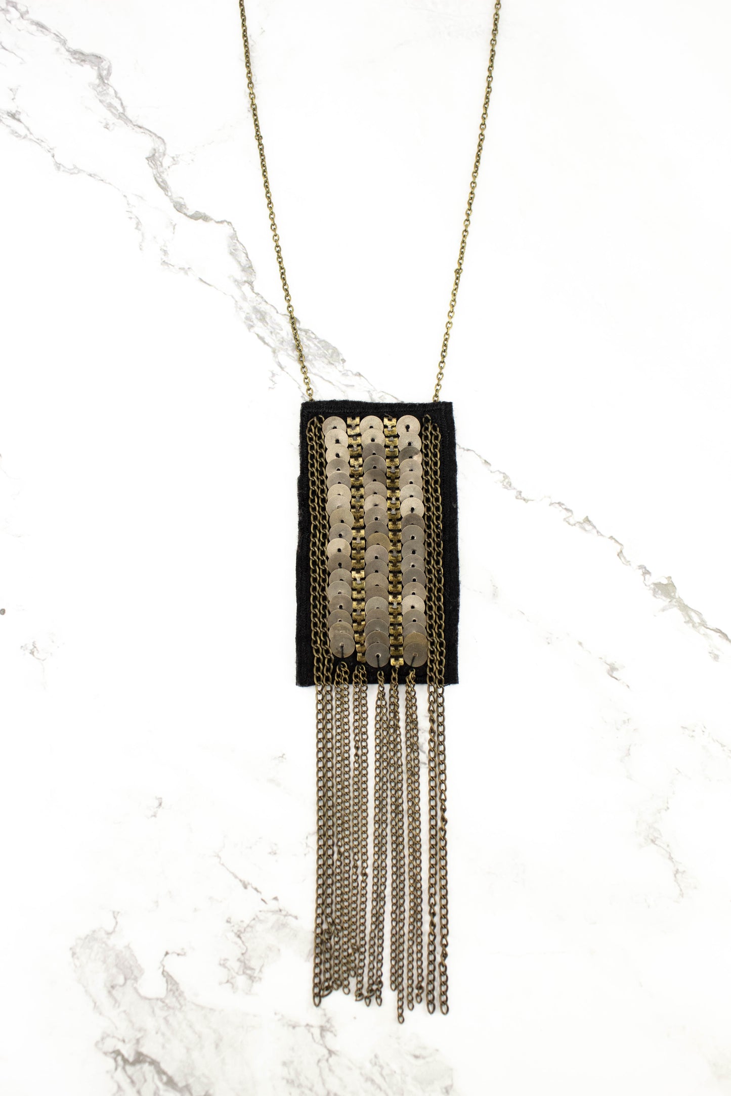 Black and Antique Brass Fringe Long Necklace