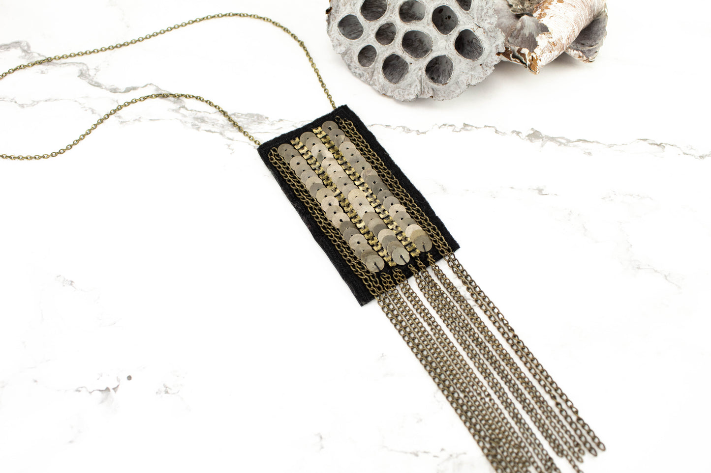 Black and Antique Brass Fringe Long Necklace