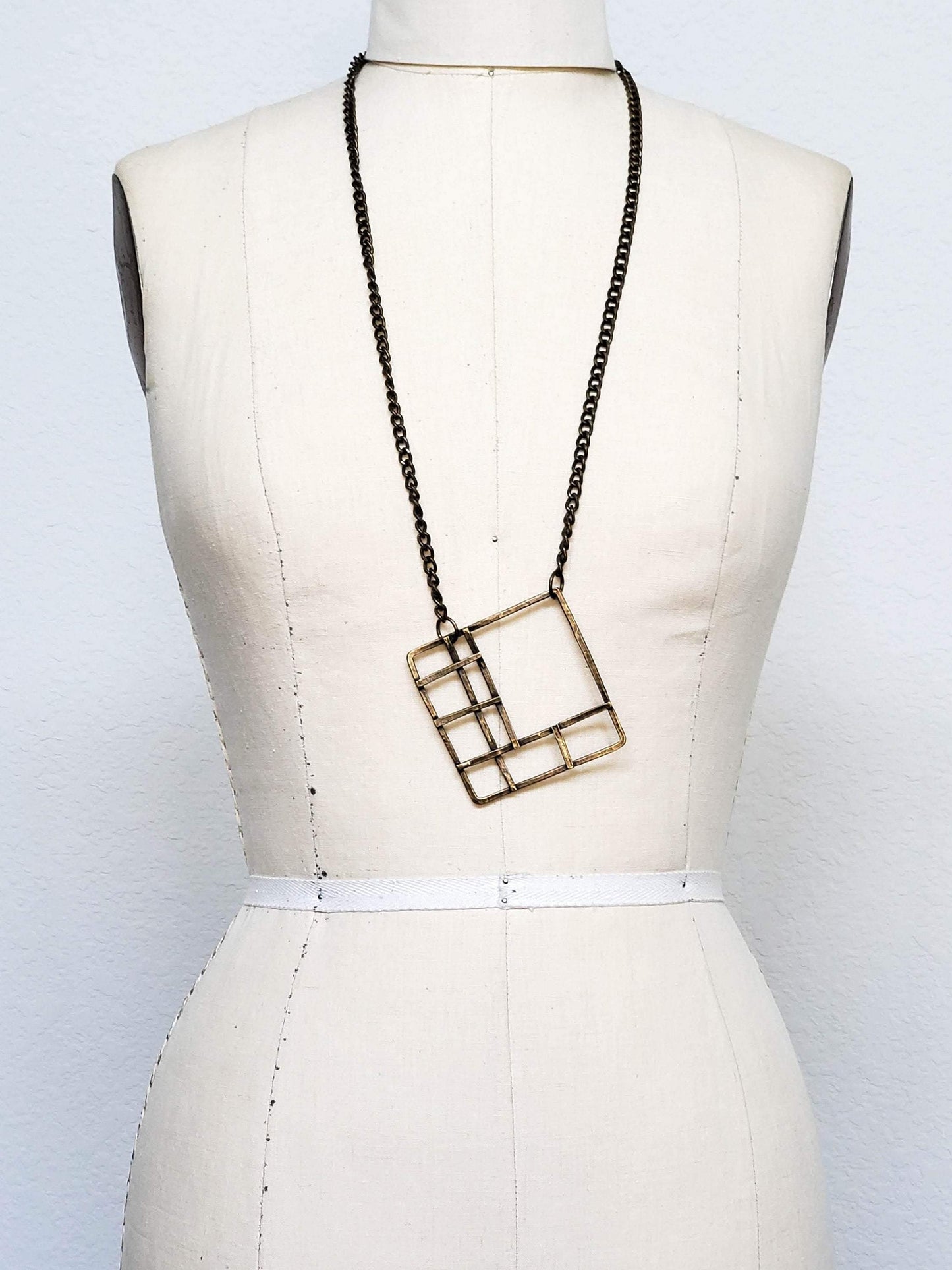 Antique Brass Welded Grid Square Long Necklace - Sumie Tachibana