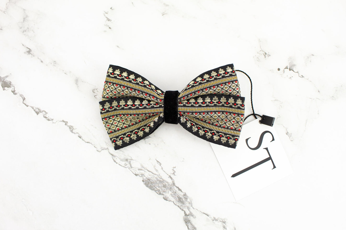 Black Gold and Red Brocade Bow Tie Clip Hair Bow Clip