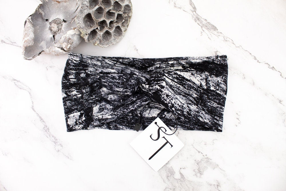 Black and Off White Abstract Knit Headband