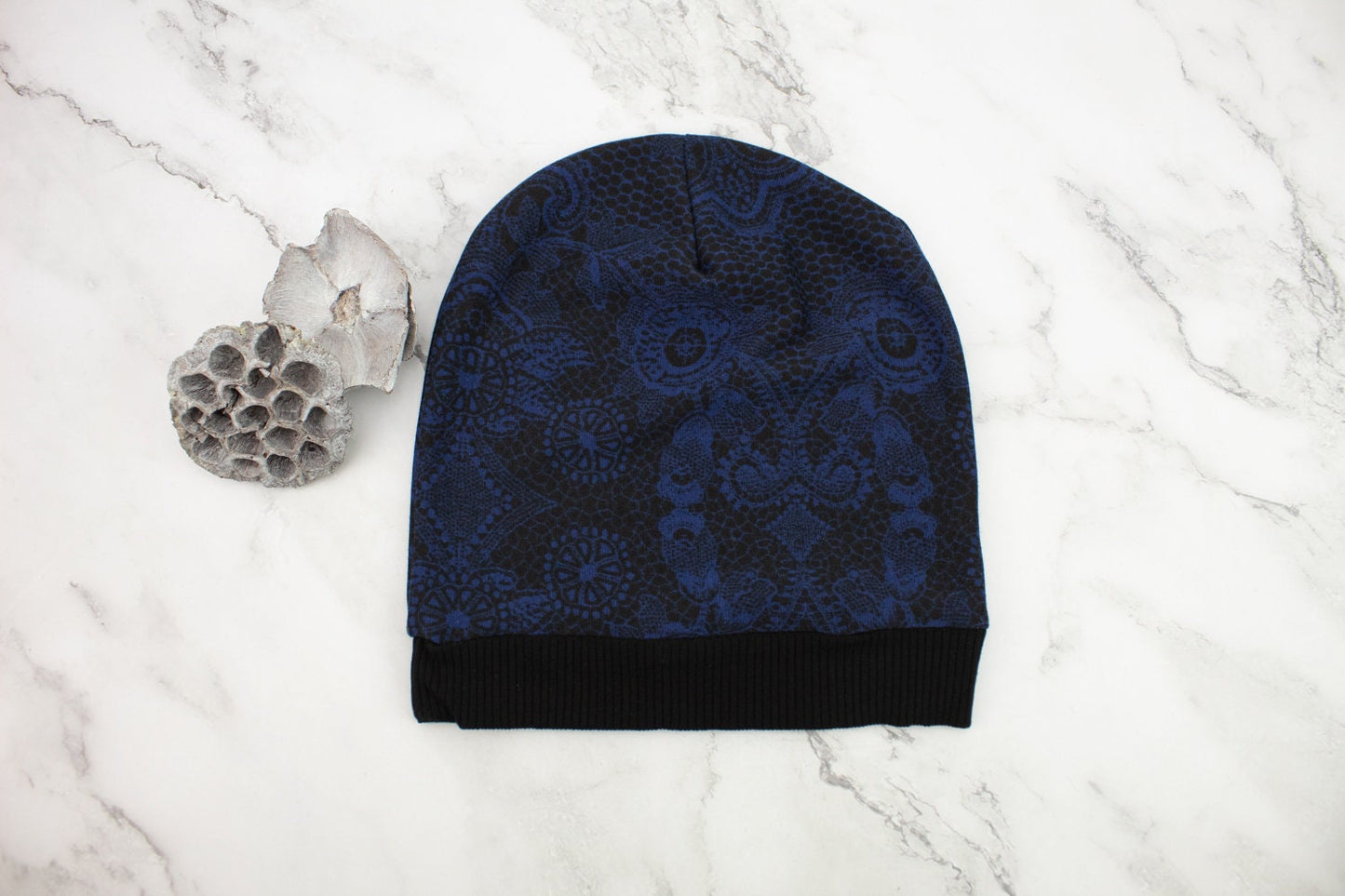 Blue and Black Lace Print Slouchy Beanie