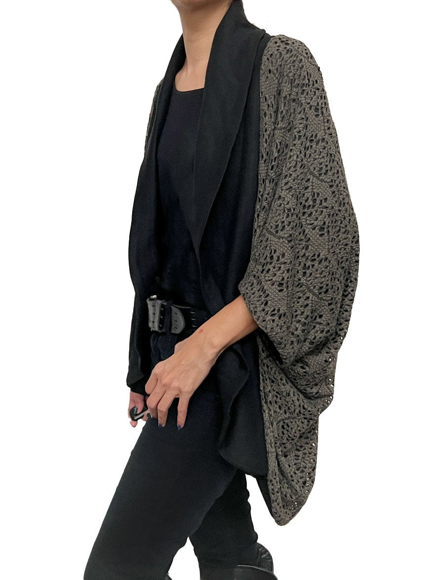 Olive and Black Lace Like Open Cocoon Jacket