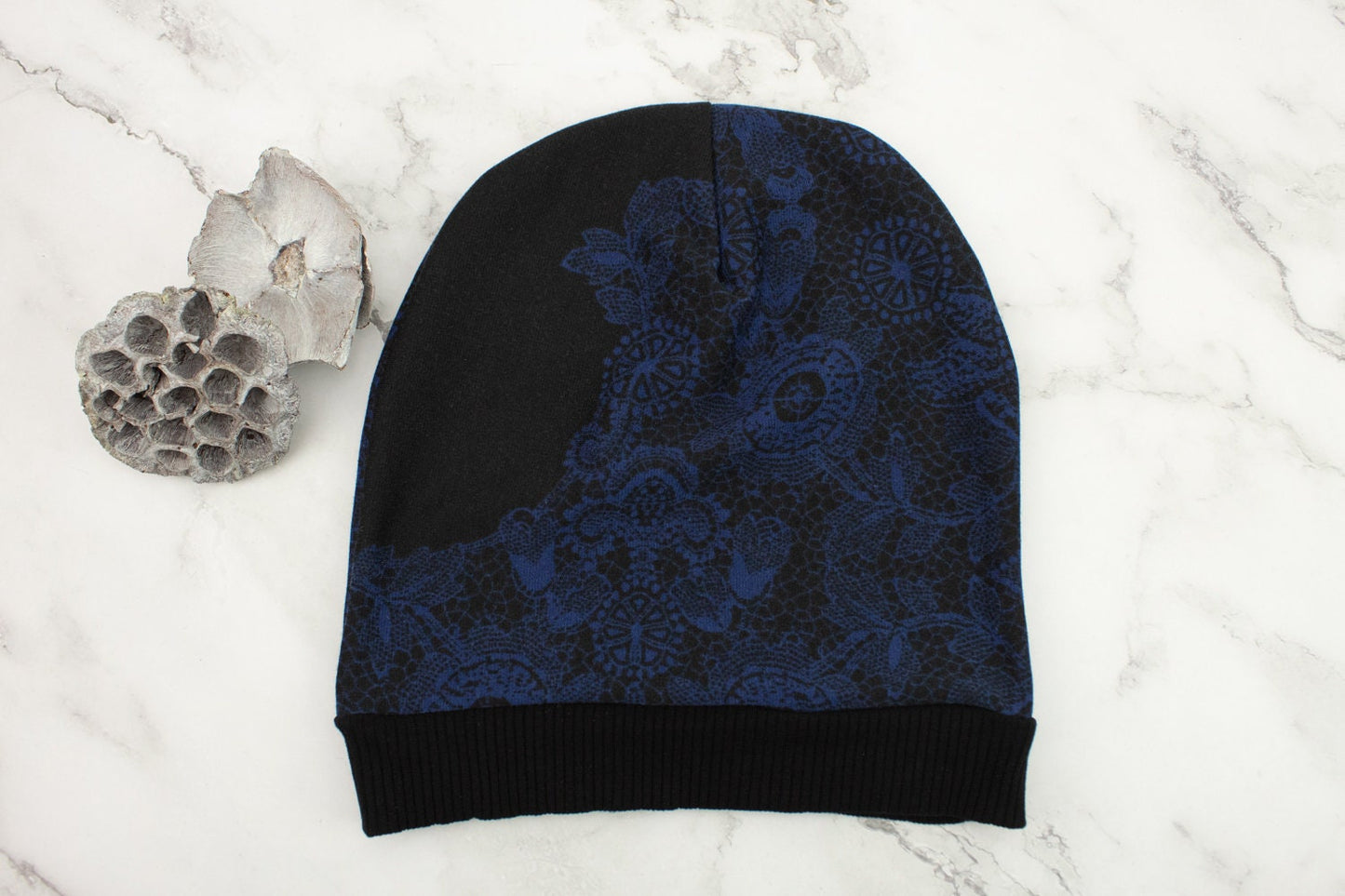 Blue and Black Asymmetrical Lace Print Slouchy Beanie