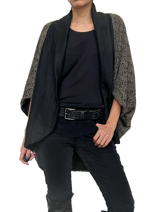 Olive and Black Lace Like Open Cocoon Jacket