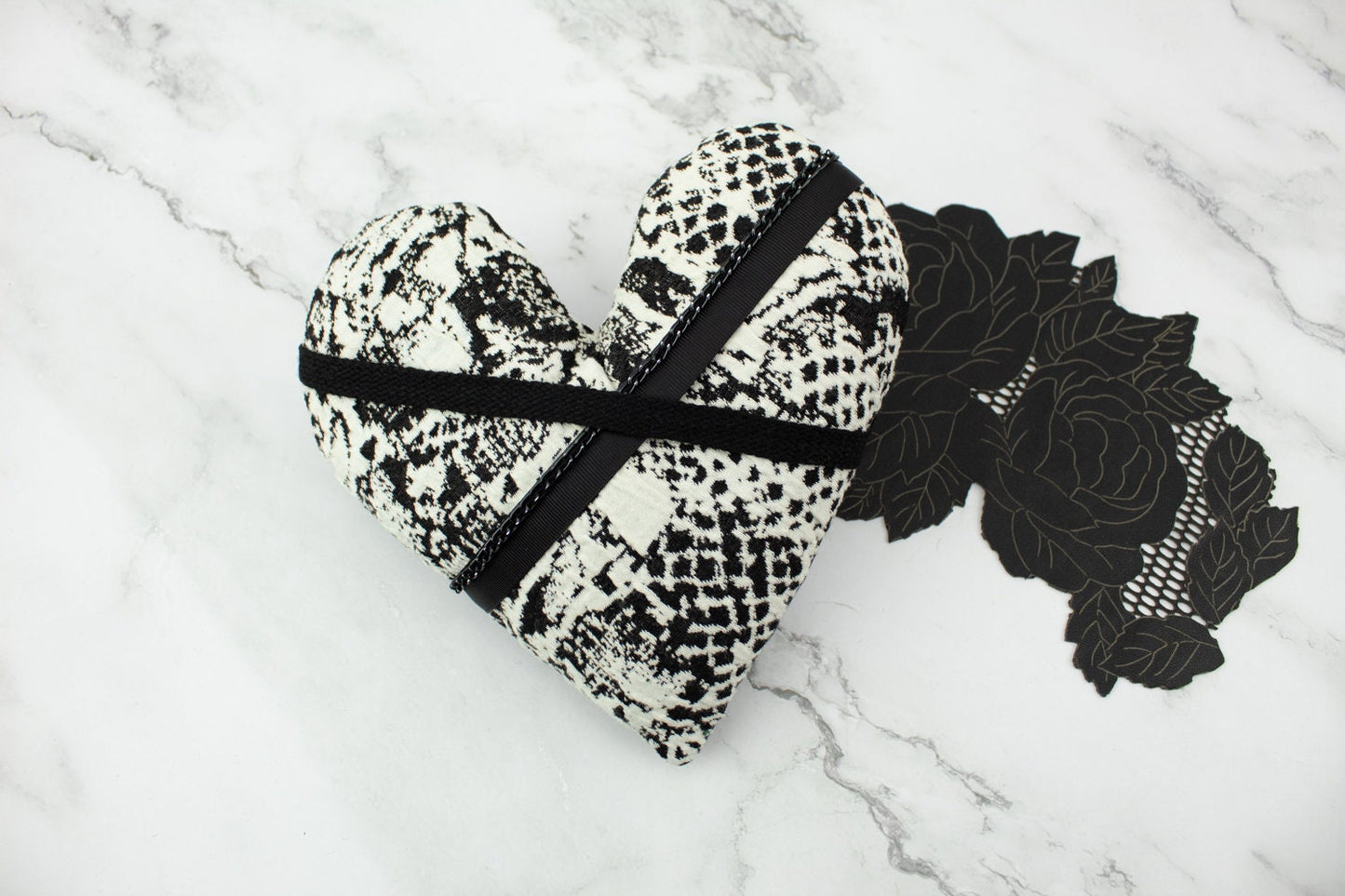 Black and Cream Snake Skin Pattern Heart Pillow