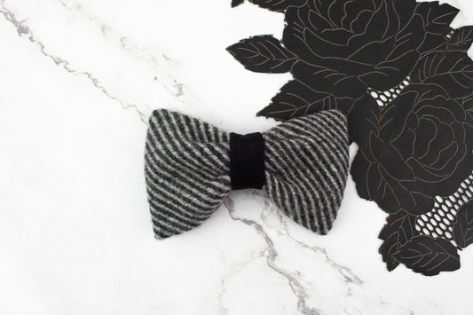 Gray and Black Wool Twill Hair Barrette Bow