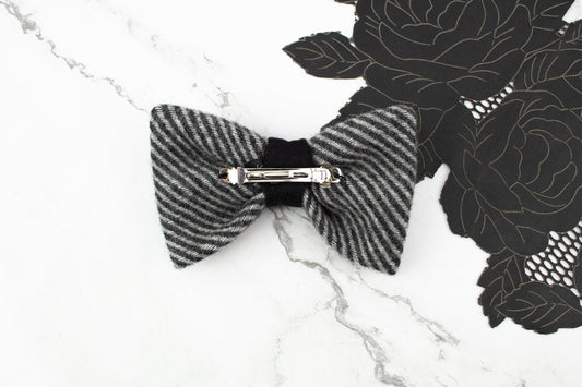 Gray and Black Wool Twill Hair Barrette Bow