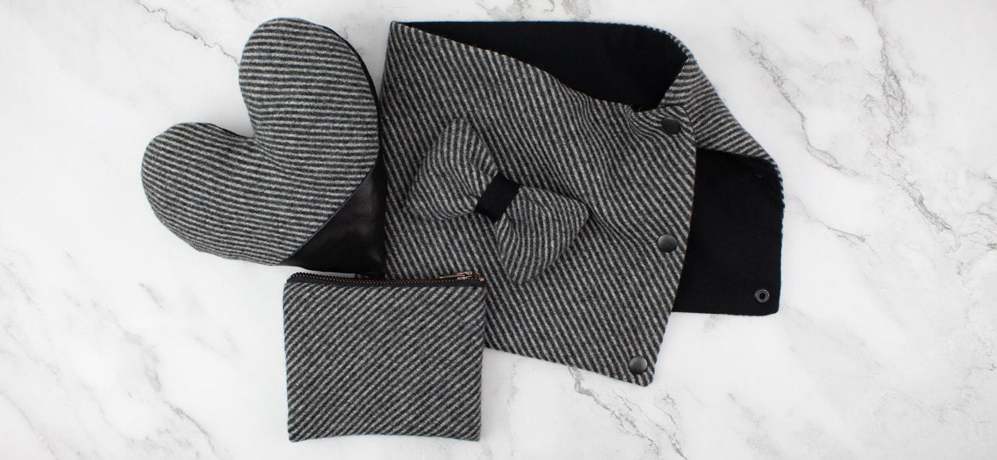 Gray and Black Wool Twill with Lambskin Heart Pillow