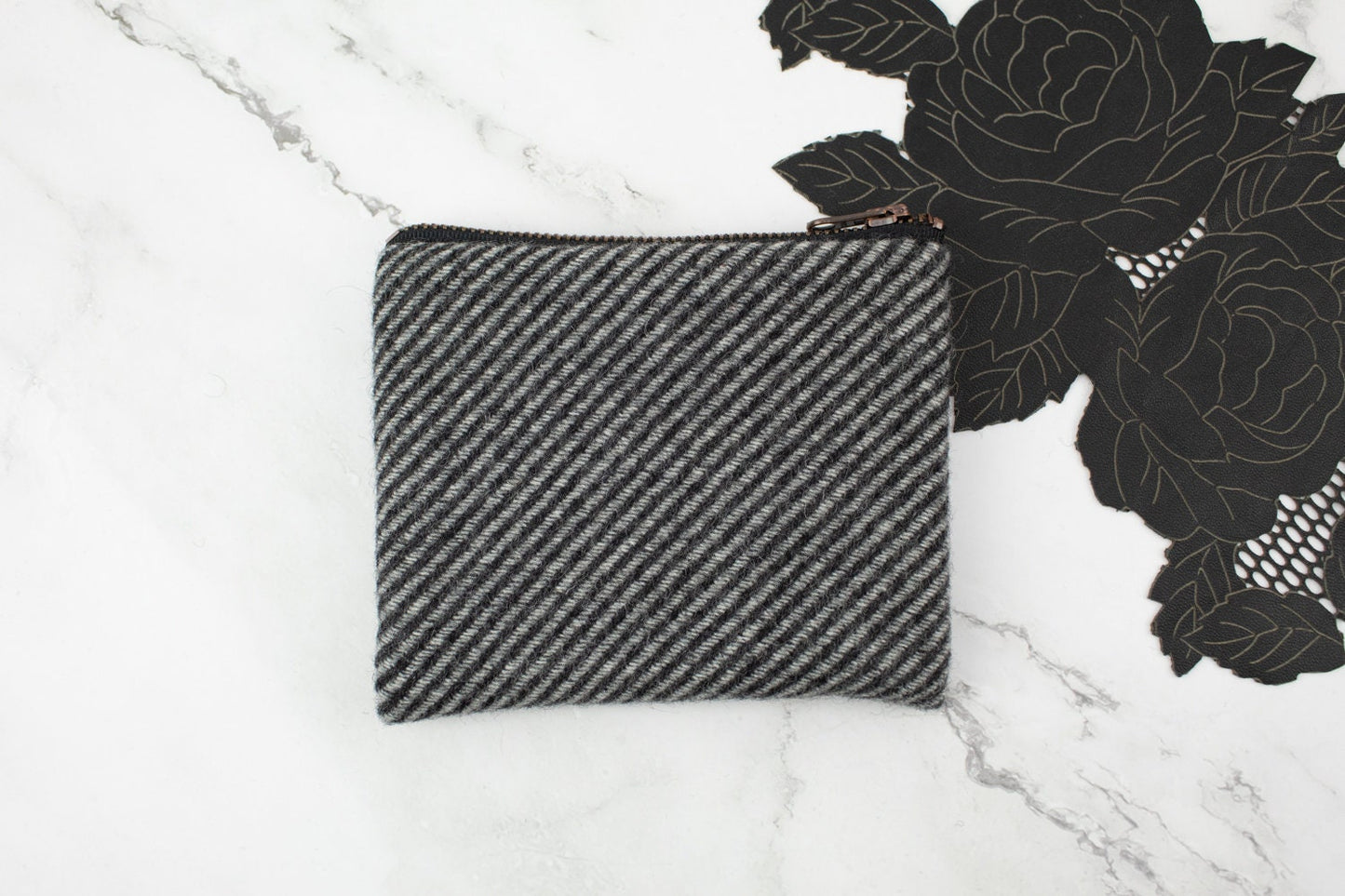Gray and Black Wool Twill Zipper Pouch
