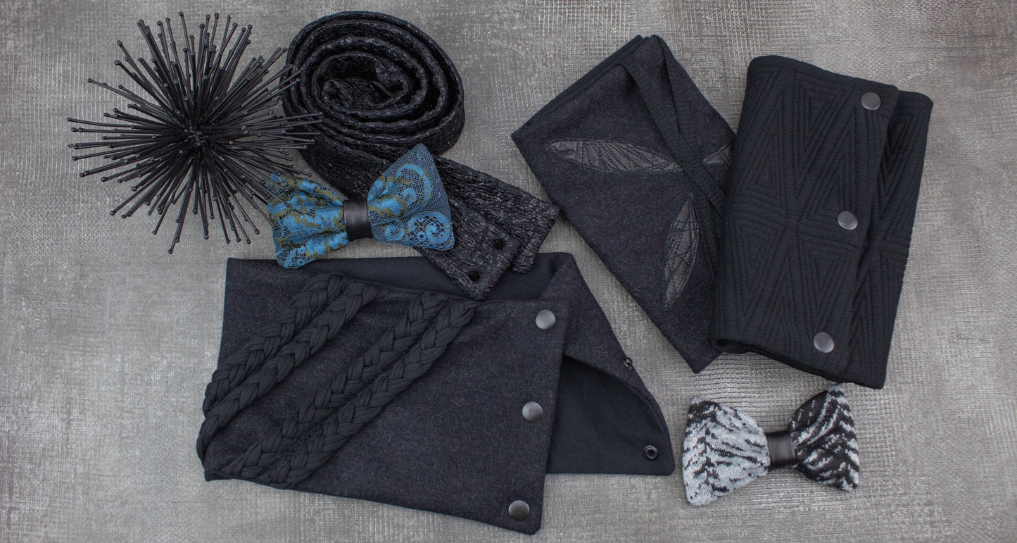 Charcoal Wool Braided Trim Narrow Snap Scarflette Cowl