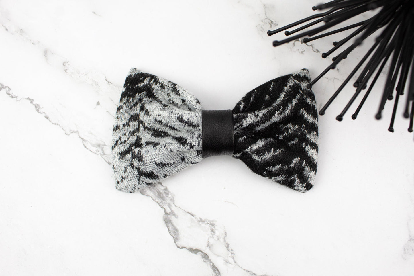 Black and Gray Herringbone Wool Hair Barrette Bow