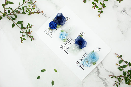 Mini Floral Hair Clip Set of 4 Blue