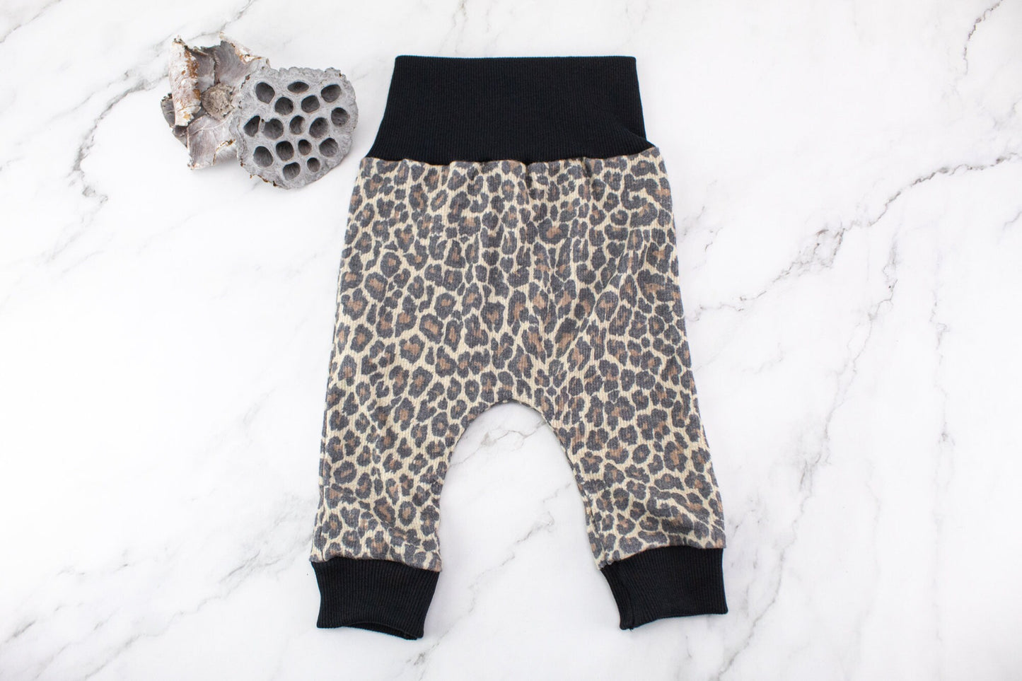 Brown Leopard Print Rib Knit Harem Pants with Wide Black Band 3-6 months or 12-18 months