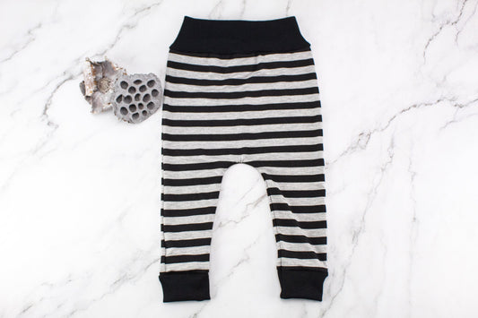 Black and Gray Stripe Knit Harem Pants with Wide Black Band 12-18 months
