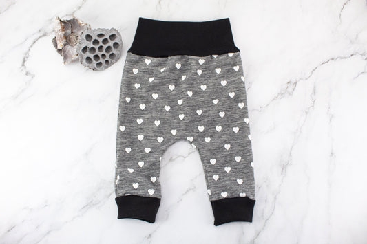 Gray and White Heart Rib Knit Harem Pants with Wide Black Band 3-6 months or 12-18 months