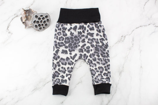Gray Leopard Print Knit Harem Pants with Wide Black Band 3-6 months and 12-18 months
