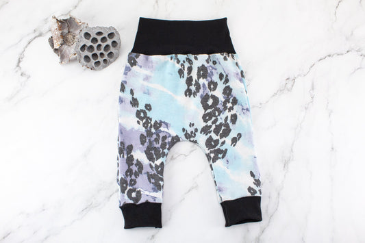 Blue Leopard Print Knit Harem Pants with Wide Black Band 3-6 months or 12-18 months