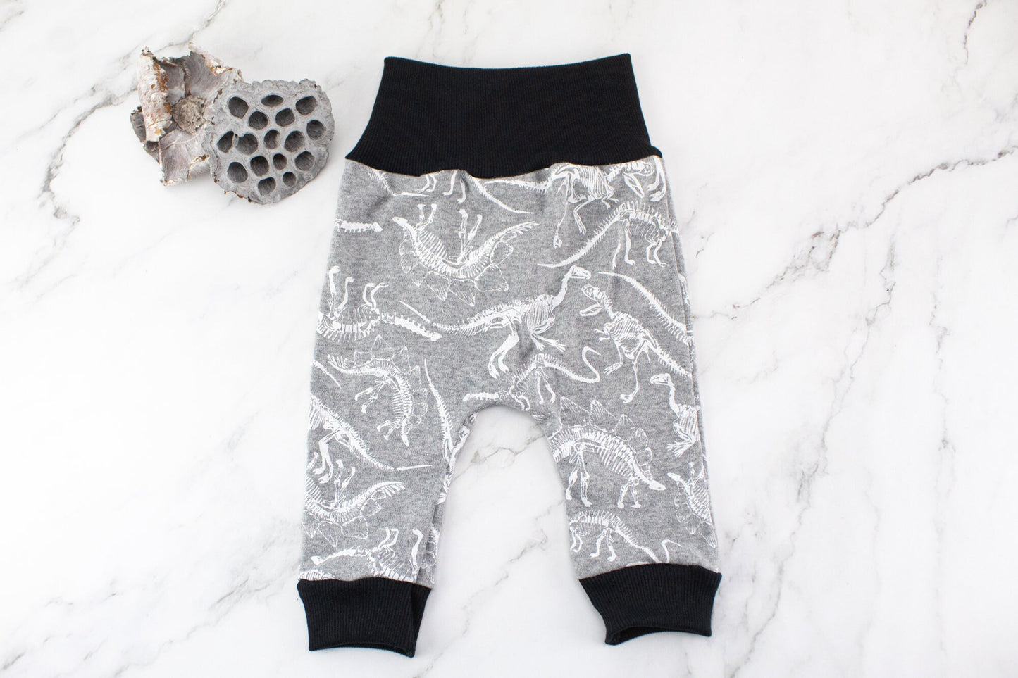 Gray and White Dinosaurs Print Knit Harem Pants with Wide Black Band 3-6 months or 12-18 months