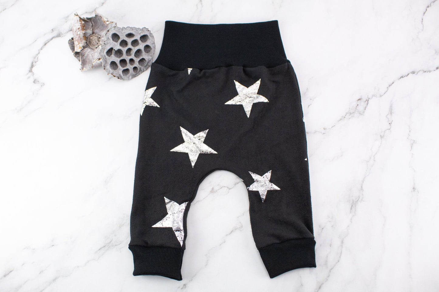 Black and Silver Distressed Stars Knit Harem Pants with Wide Black Band 3-6 months and 12-18 months