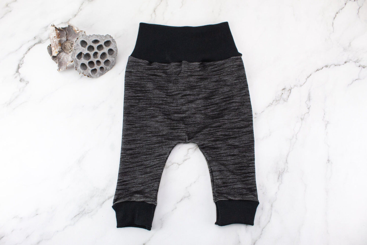 Black and Gray Space Dyed Knit Harem Pants with Wide Black Band 3-6 months or 12-18 months