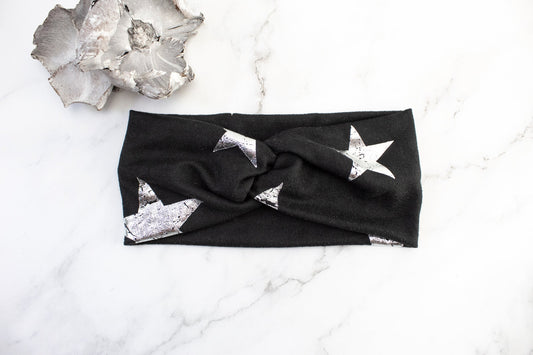 Black and Silver Distressed Star Brushed Sweater Knit Headband