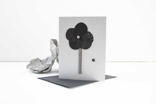 Black Leather Floral with Chains Crystal Button Blank Card
