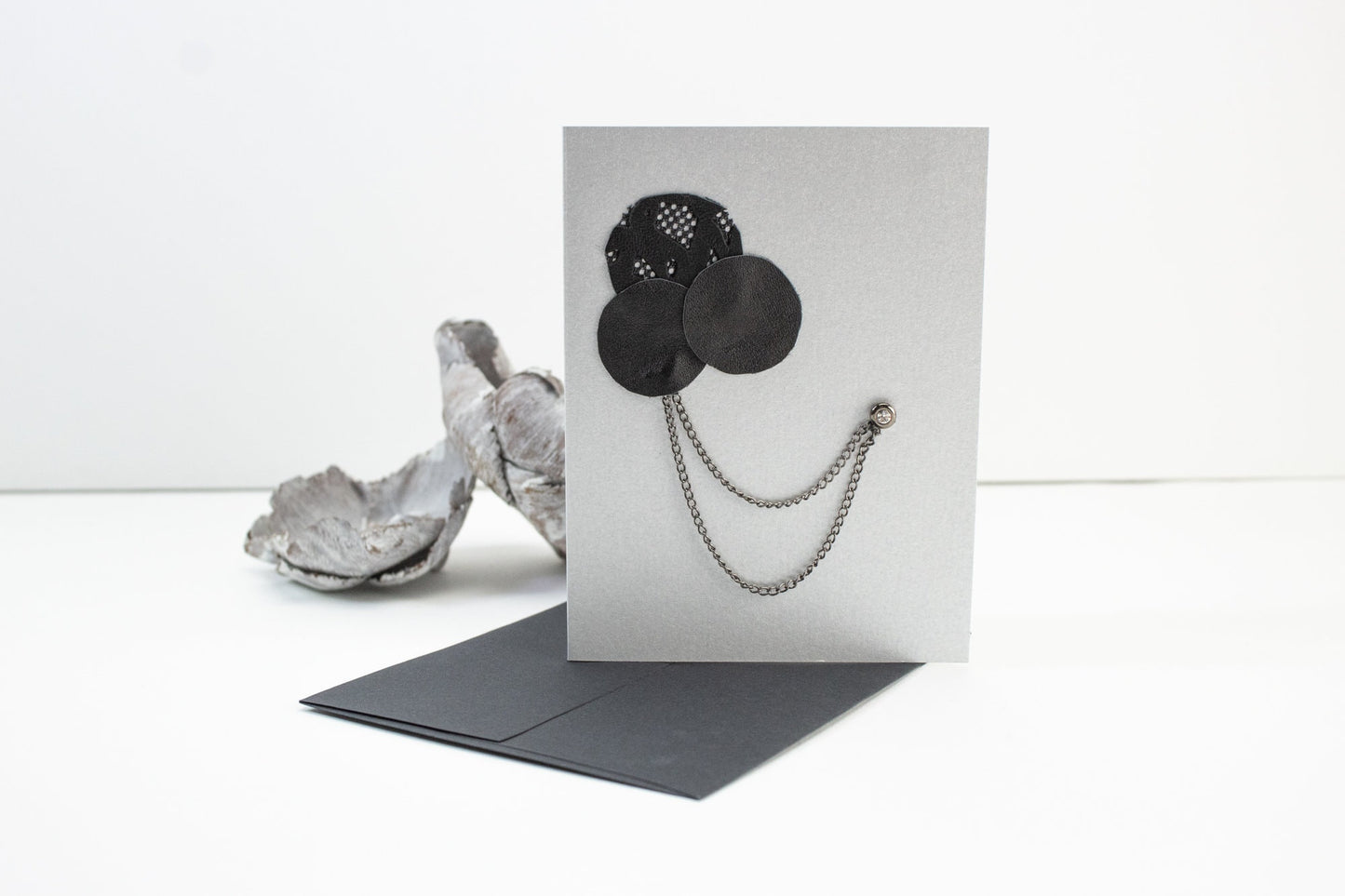 Black Leather Circles with Double Chain Button Blank Card