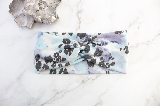 Blue Lavender and White Leopard Print Knit Headband