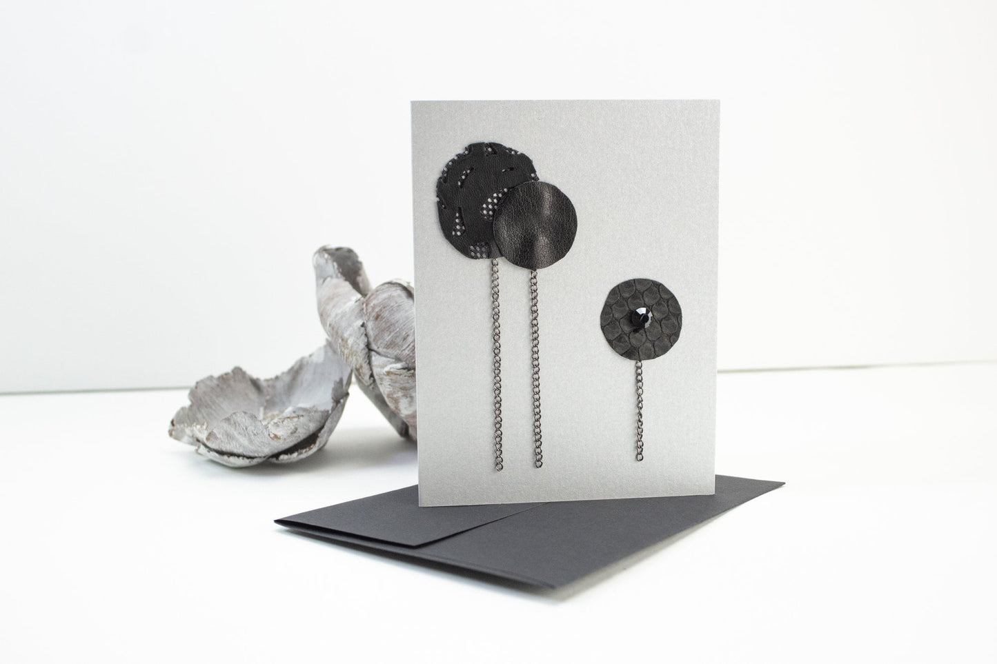 Black Leather Circle Balloons with Chains Crystal Blank Card
