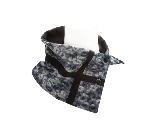 Blue and Gray Floral Cross Trim Narrow Snap Scarflette Cowl