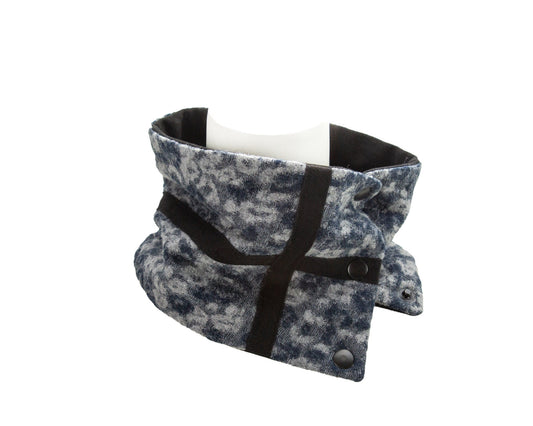 Blue and Gray Floral Cross Trim Narrow Snap Scarflette Cowl