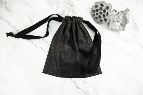Black and Distressed Gold Faux Leather Drawstring Bag
