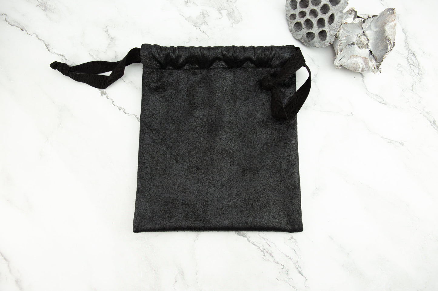Black Faux Leather Drawstring Bag