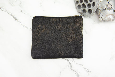 Black and Distressed Gold Faux Leather Zipper Pouch