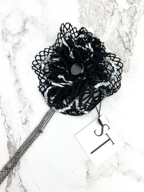 Black and White Large Circular Brooch with Chains