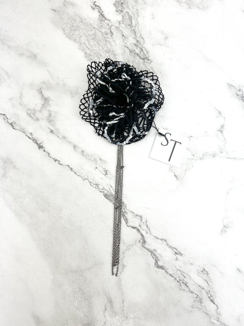 Black and White Large Circular Brooch with Chains