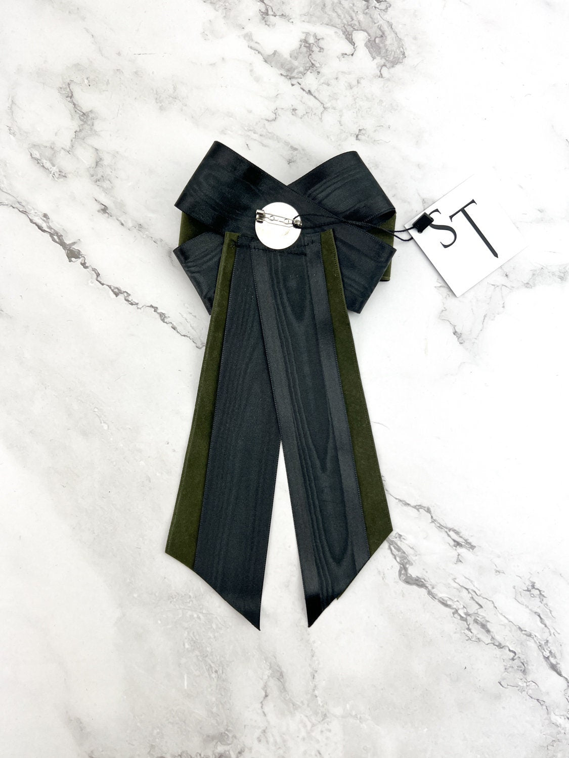 Olive Green and Black Ribbon Brooch JWY00036