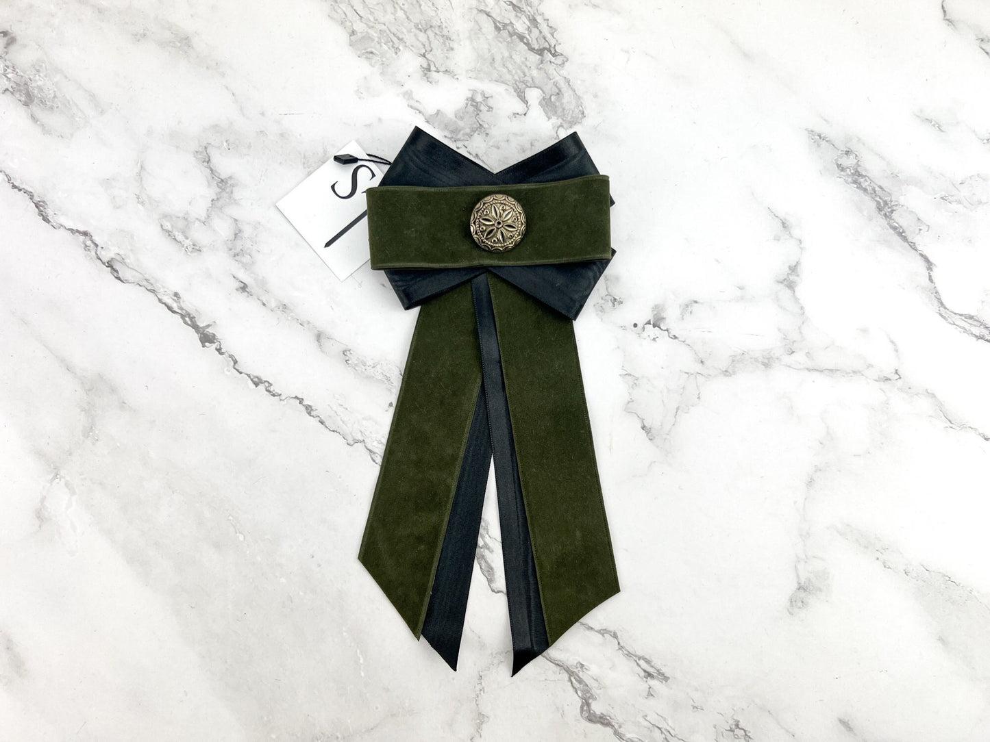 Olive Green and Black Ribbon Brooch JWY00036