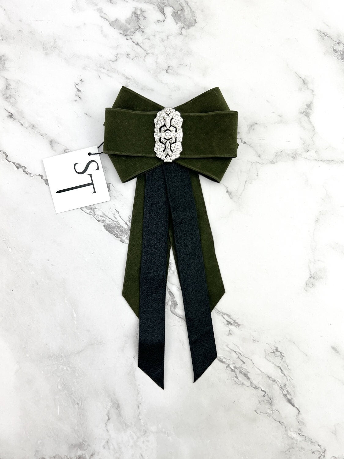 Olive Green and Black Ribbon Brooch with Silver Piece JWY00037